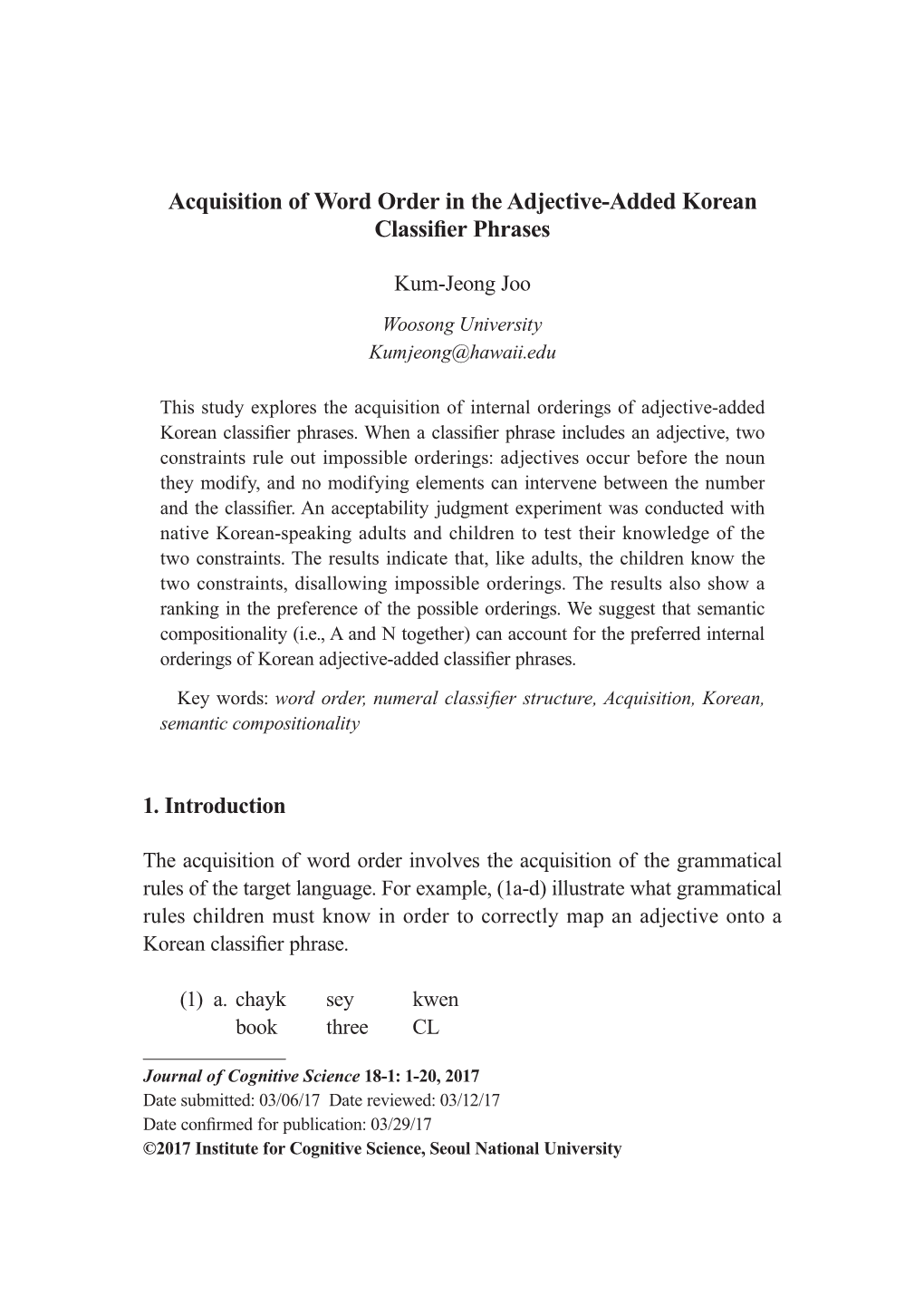 Acquisition of Word Order in the Adjective-Added Korean Classifier Phrases