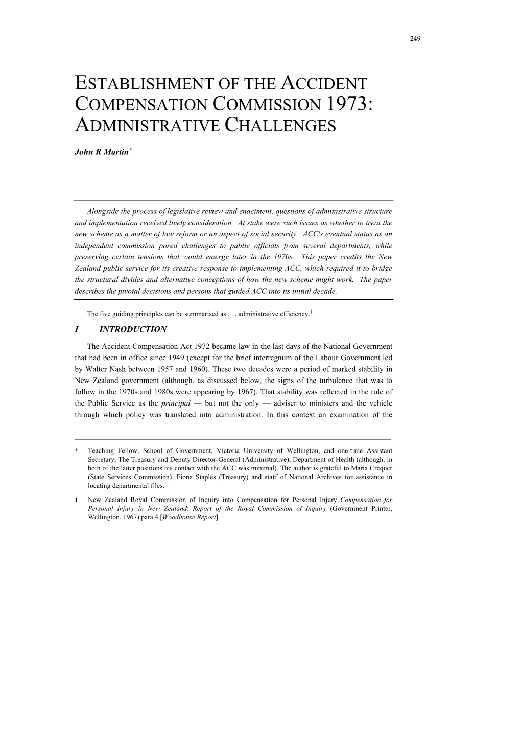 The Accident Compensation Commission 1973: Administrative Challenges