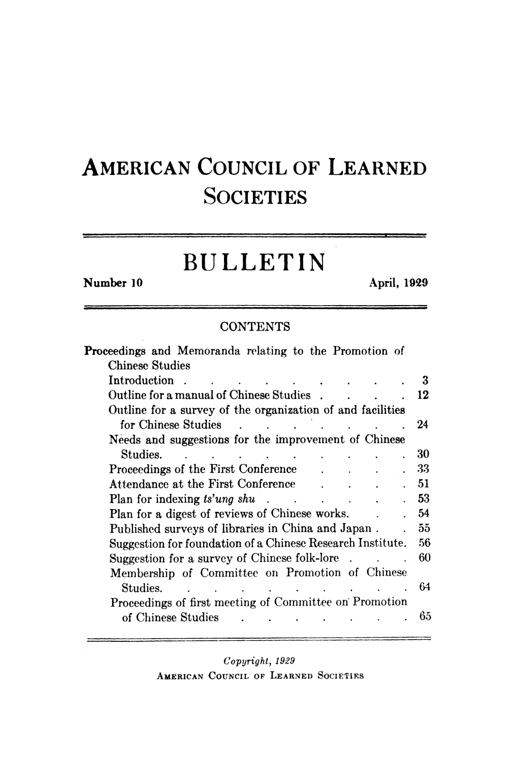 American Council of Learned Societies Bulletin No. 10 (April 1929)