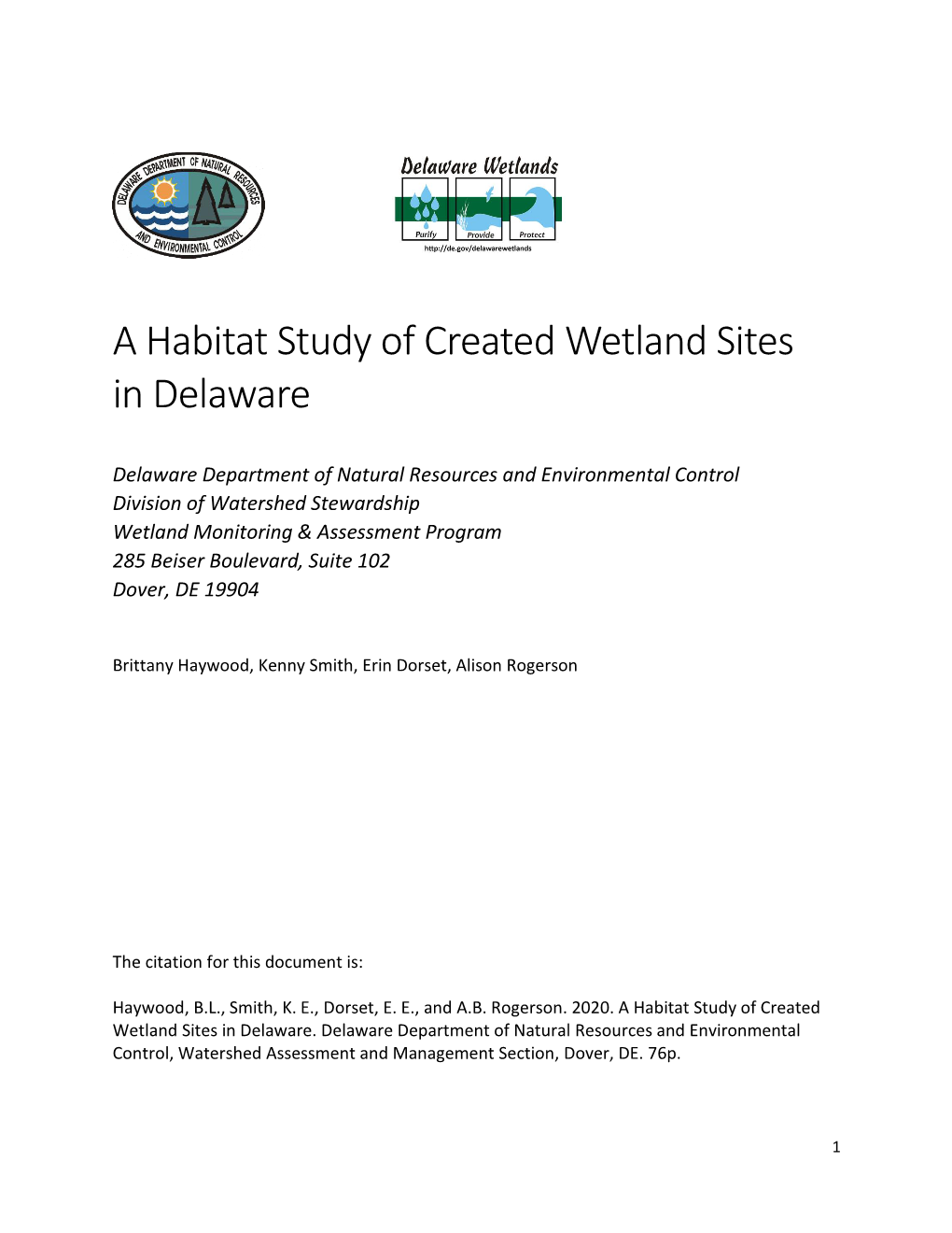 A Habitat Study of Created Wetland Sites in Delaware