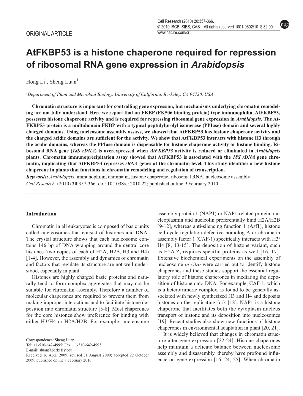 Atfkbp53 Is a Histone Chaperone Required for Repression of Ribosomal RNA Gene Expression in Arabidopsis