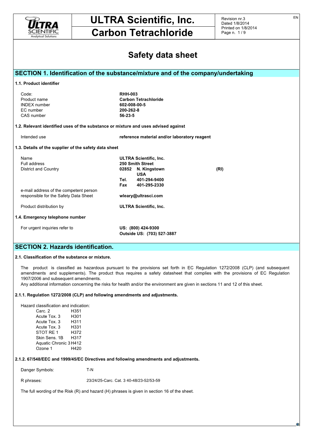 ULTRA Scientific, Inc. Carbon Tetrachloride