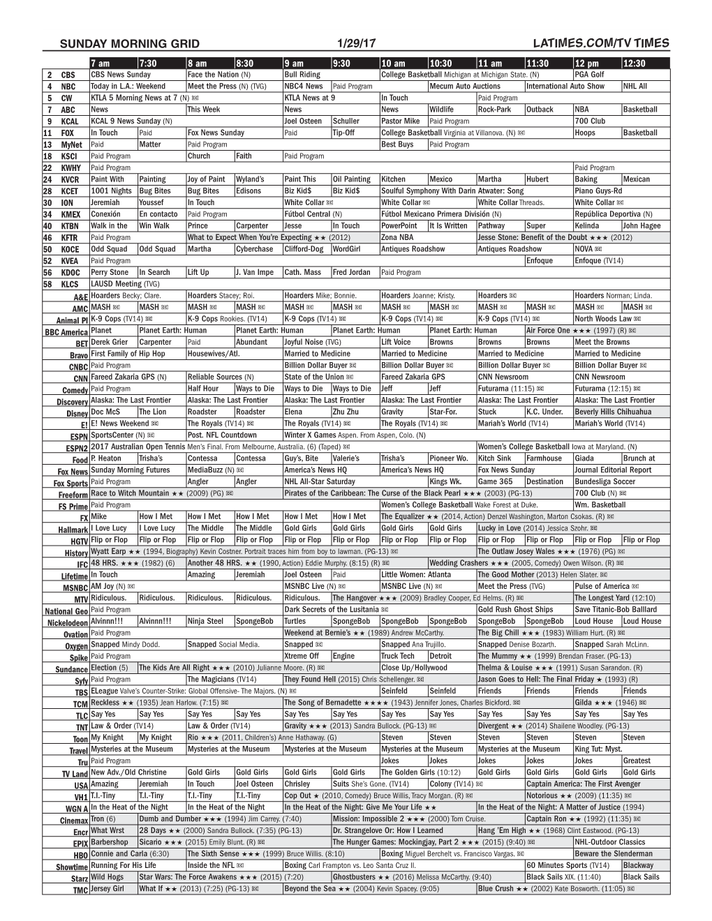 Sunday Morning Grid 1/29/17 Latimes.Com/Tv Times