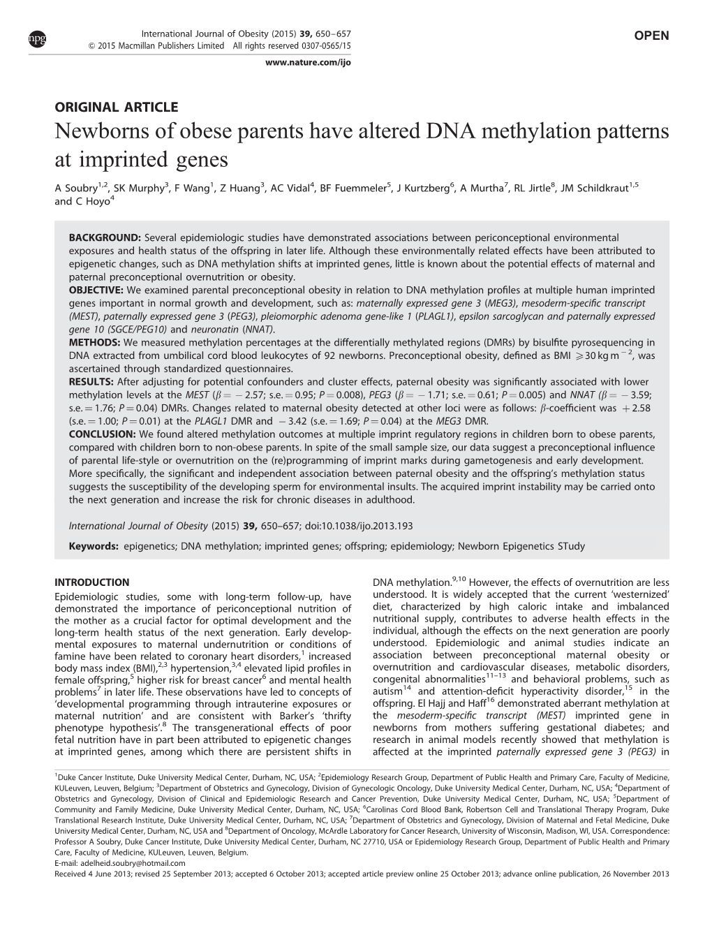 Newborns of Obese Parents Have Altered DNA Methylation Patterns at Imprinted Genes
