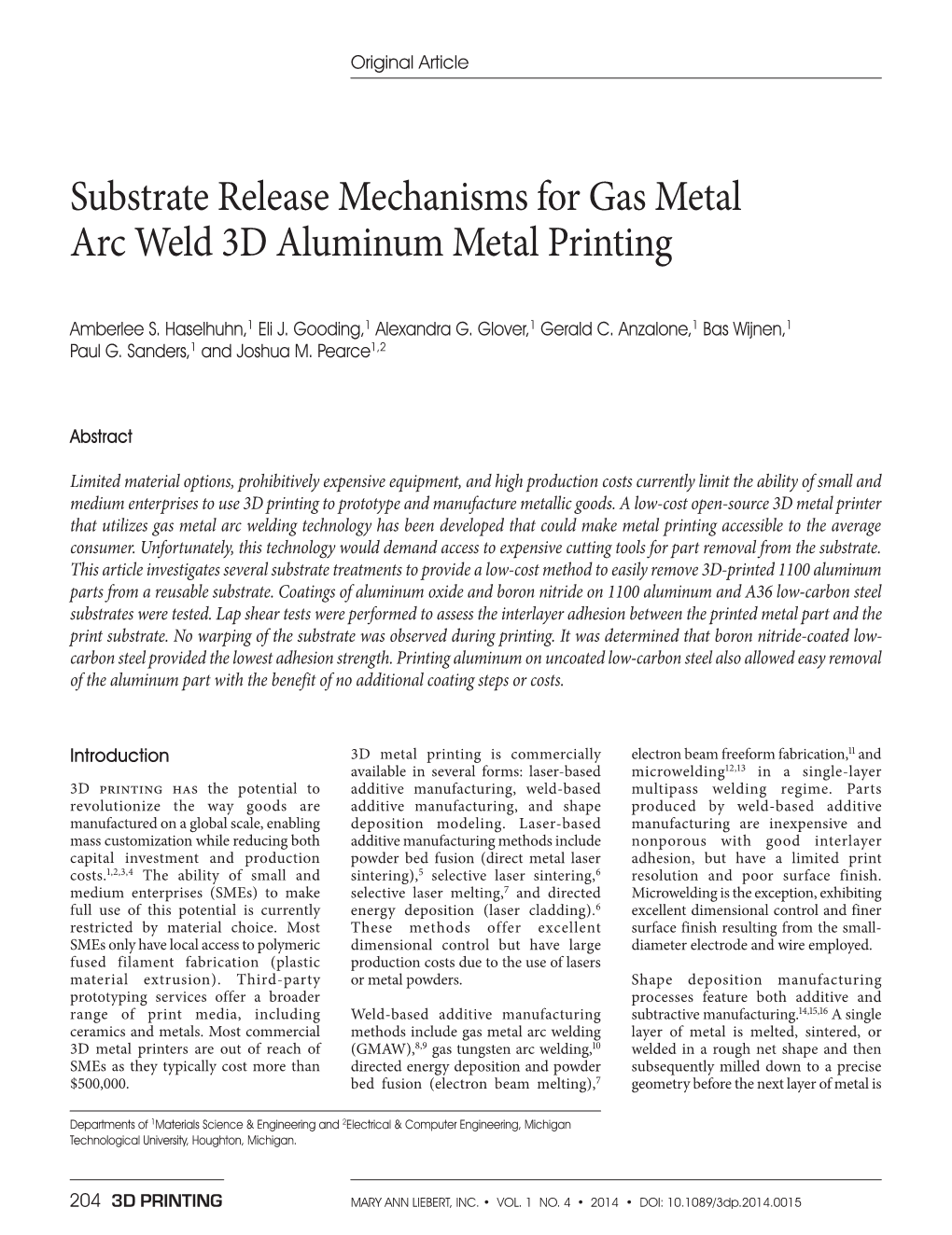 Substrate Release Mechanisms for Gas Metal Arc Weld 3D Aluminum Metal Printing