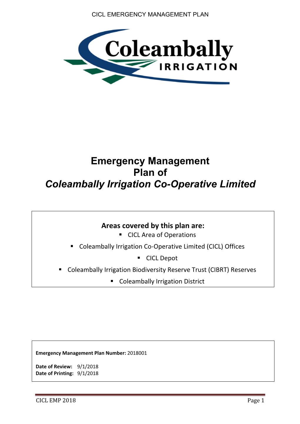 Emergency Management Plan of Coleambally Irrigation Co-Operative Limited