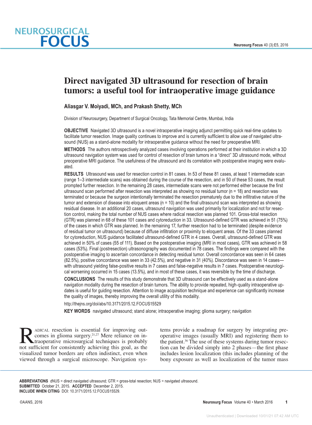 Direct Navigated 3D Ultrasound for Resection of Brain Tumors: a Useful Tool for Intraoperative Image Guidance