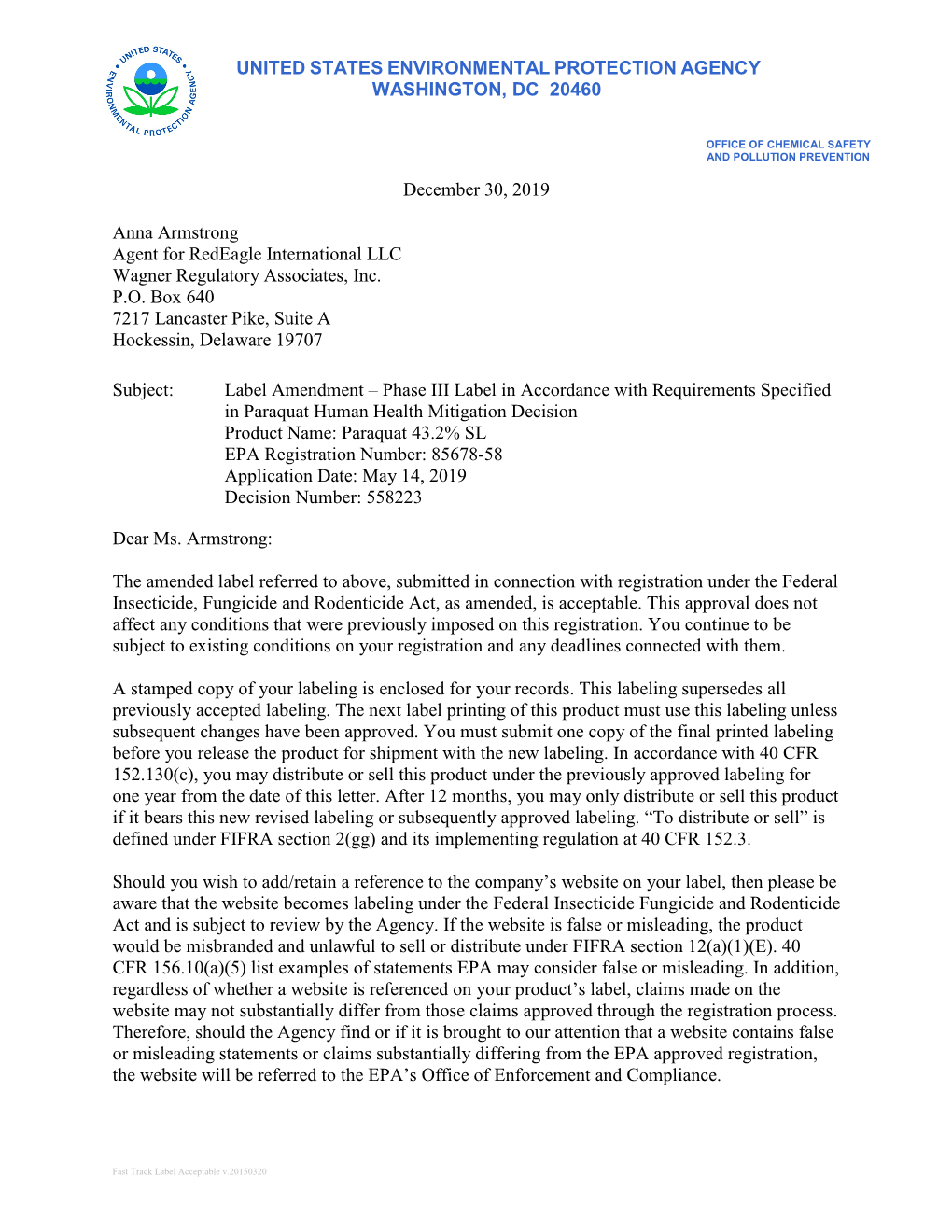 US EPA, Pesticide Product Label, Paraquat 43.2% SL,12/30/2019