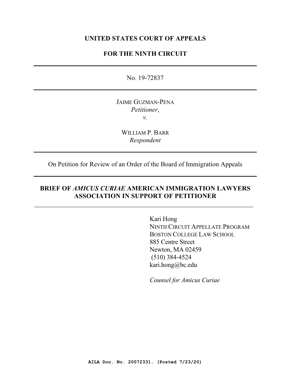 UNITED STATES COURT of APPEALS for the NINTH CIRCUIT No. 19-72837 Petitioner, V. Respondent on Petition for Review of an Order O