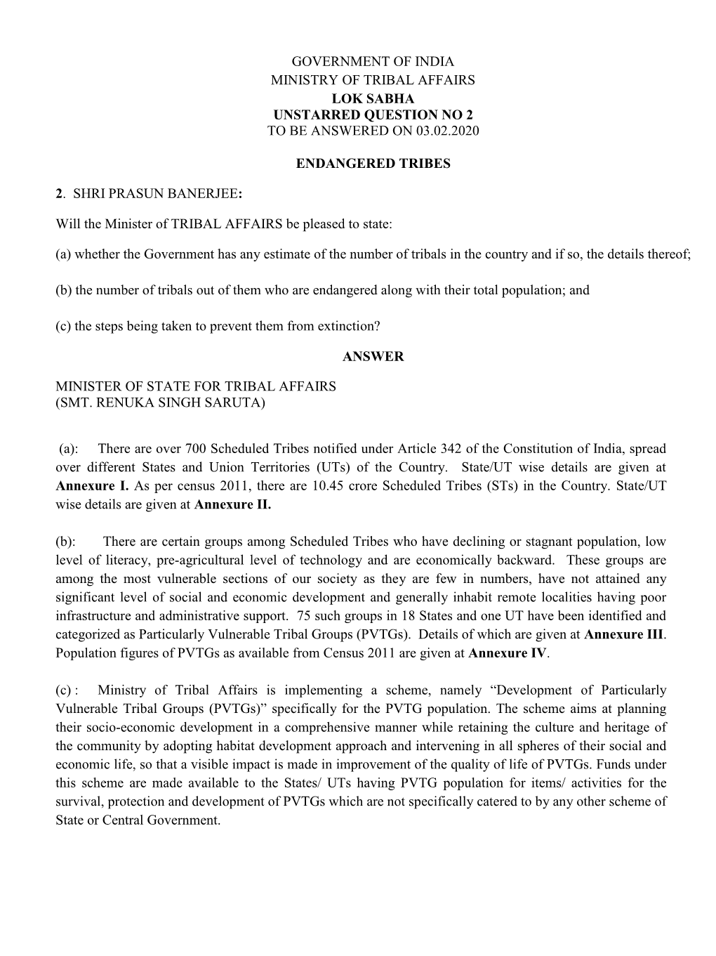 Government of India Ministry of Tribal Affairs Lok Sabha Unstarred Question No 2 to Be Answered on 03.02.2020