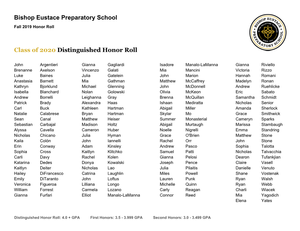Bishop Eustace Preparatory School Class of 2020 Distinguished Honor Roll