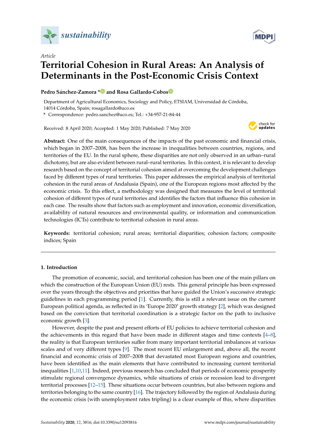 Territorial Cohesion in Rural Areas: an Analysis of Determinants in the Post-Economic Crisis Context