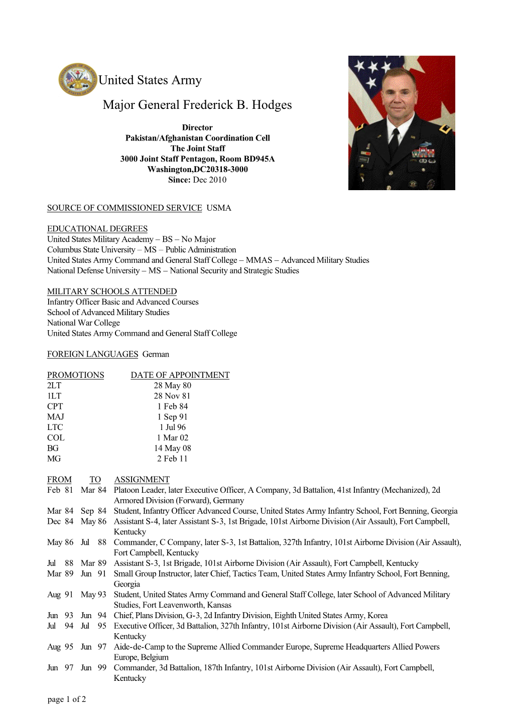 Major General Frederick B. Hodges United States Army