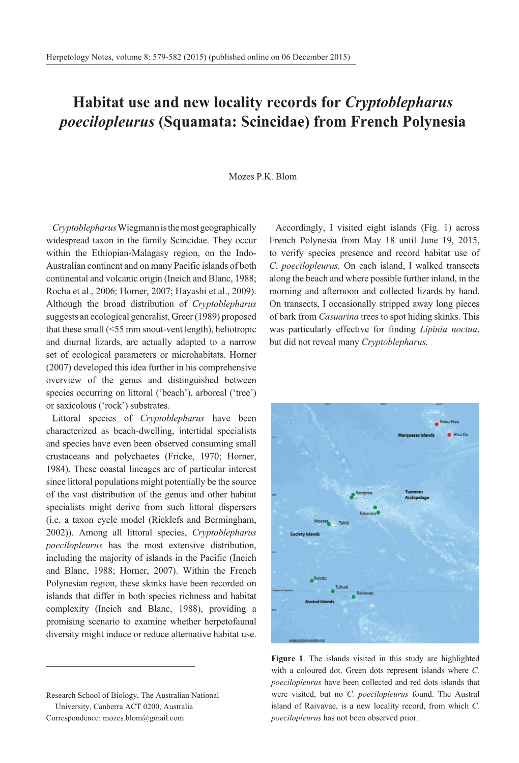 Habitat Use and New Locality Records for Cryptoblepharus Poecilopleurus (Squamata: Scincidae) from French Polynesia