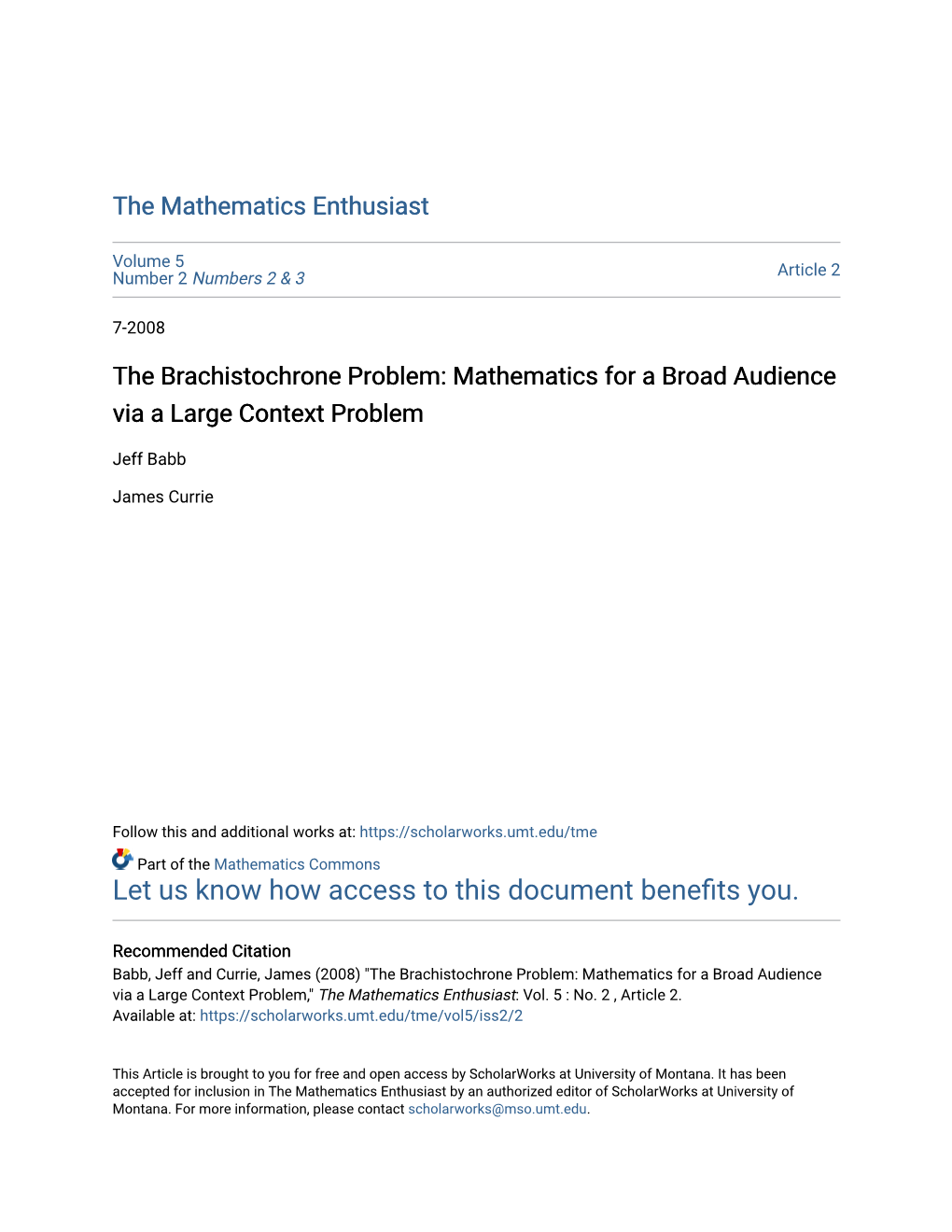 The Brachistochrone Problem: Mathematics for a Broad Audience Via a Large Context Problem