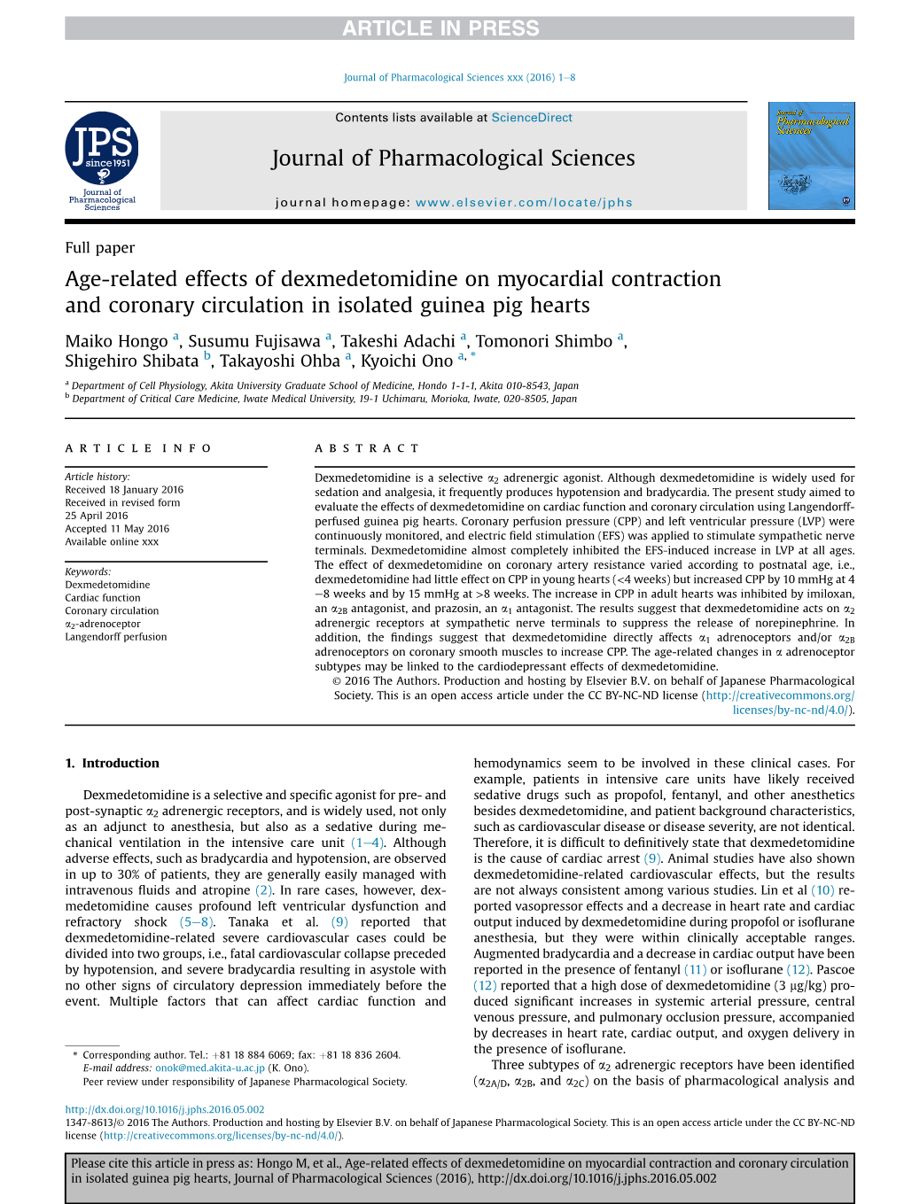 Age-Related Effects of Dexmedetomidine on Myocardial Contraction and Coronary Circulation in Isolated Guinea Pig Hearts