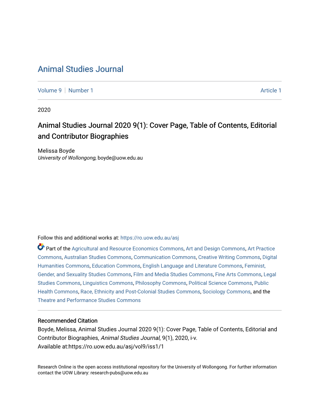 Animal Studies Journal 2020 9(1): Cover Page, Table of Contents, Editorial and Contributor Biographies