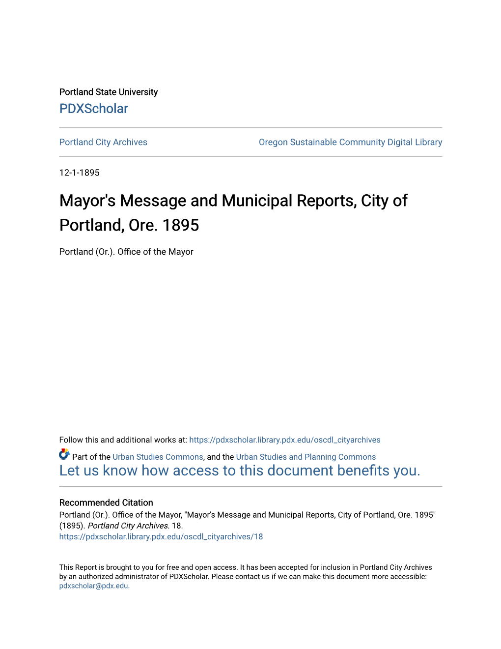Mayor's Message and Municipal Reports, City of Portland, Ore. 1895