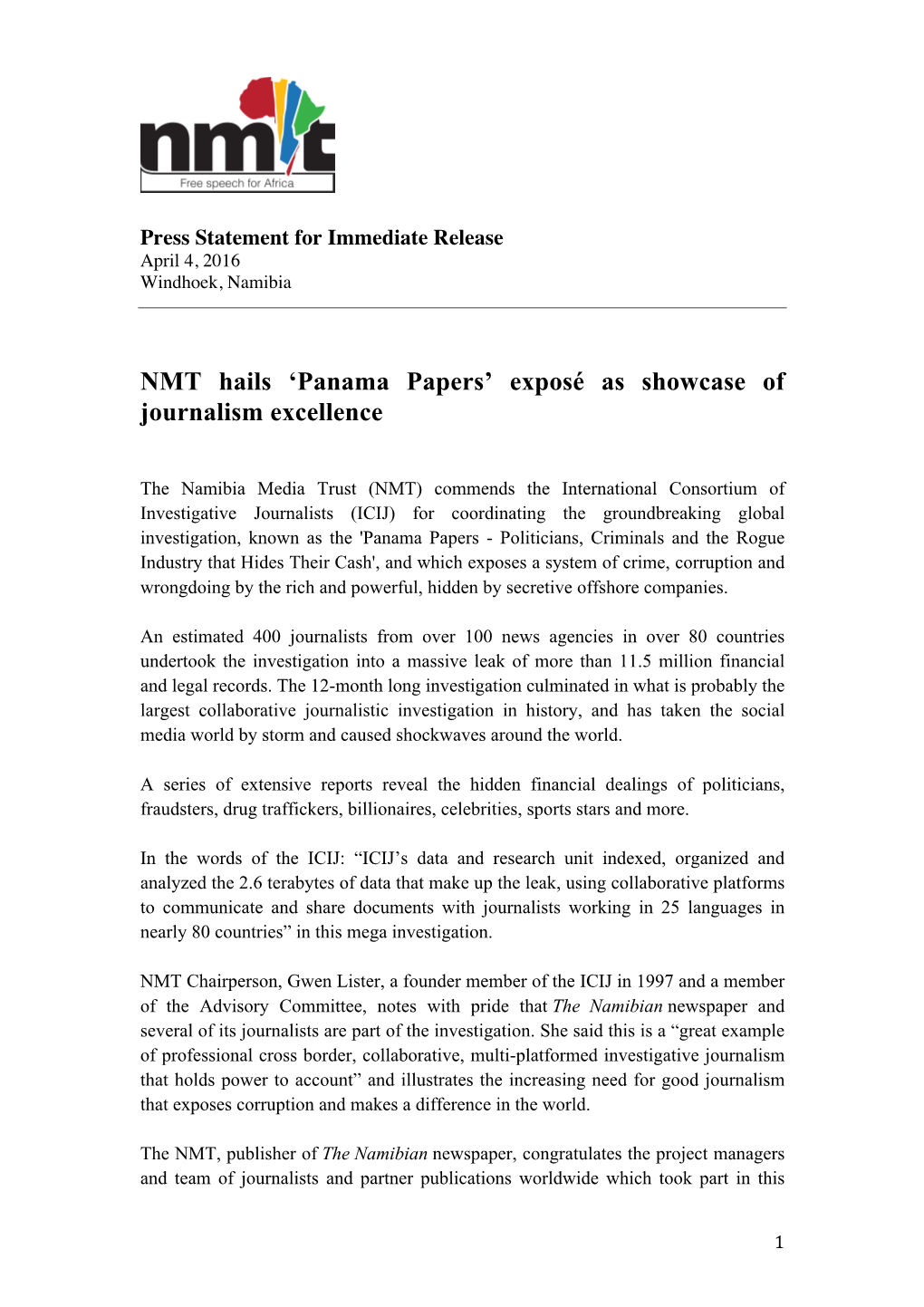 NMT Hails 'Panama Papers' Exposé As Showcase of Journalism Excellence