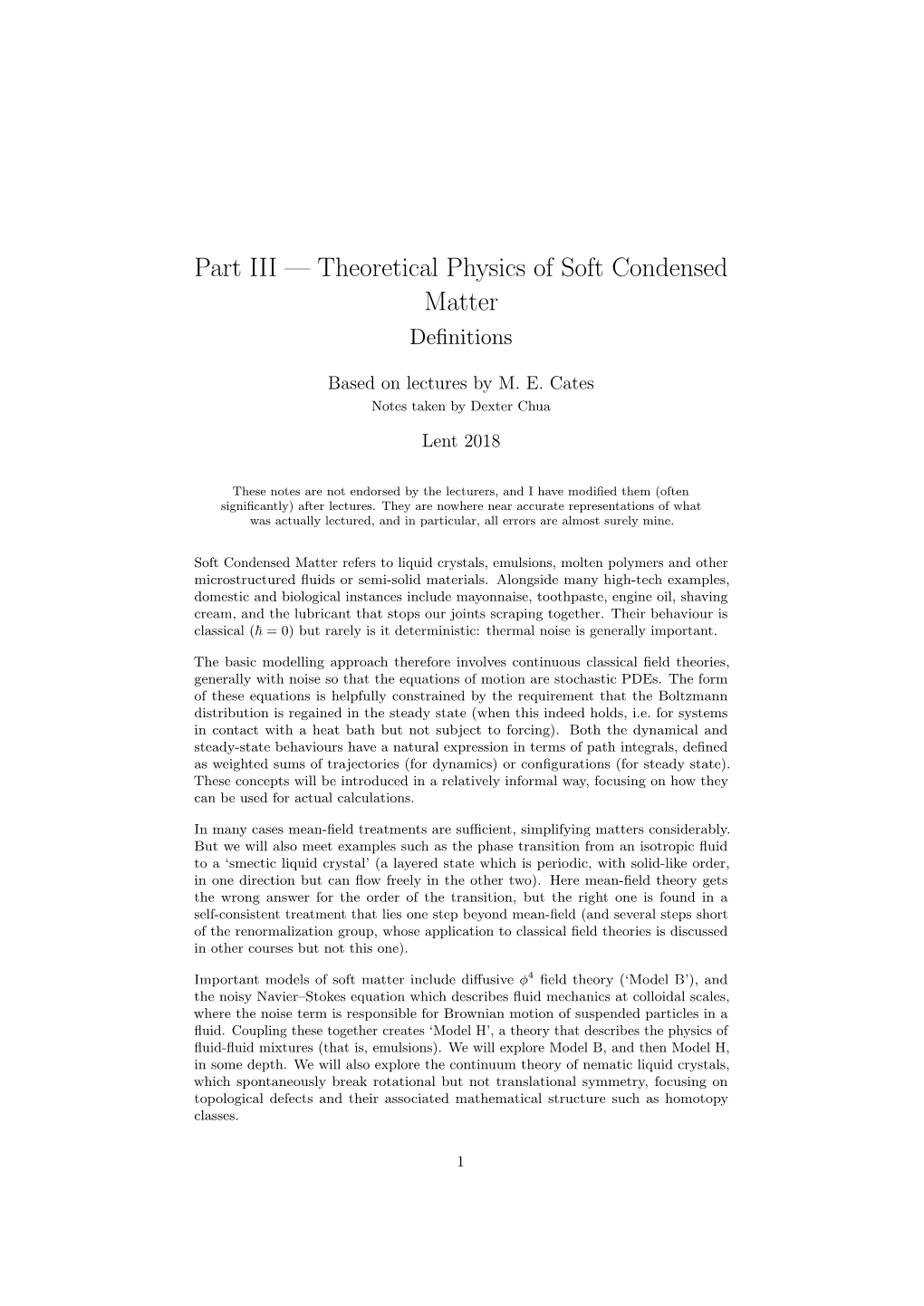 Part III — Theoretical Physics of Soft Condensed Matter Deﬁnitions