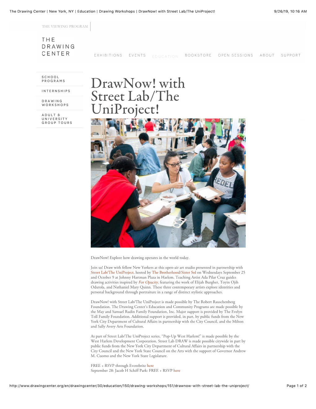 The Drawing Center | New York, NY | Education | Drawing Workshops | Drawnow! with Street Lab/The Uniproject! 9/26/19, 10�16 AM
