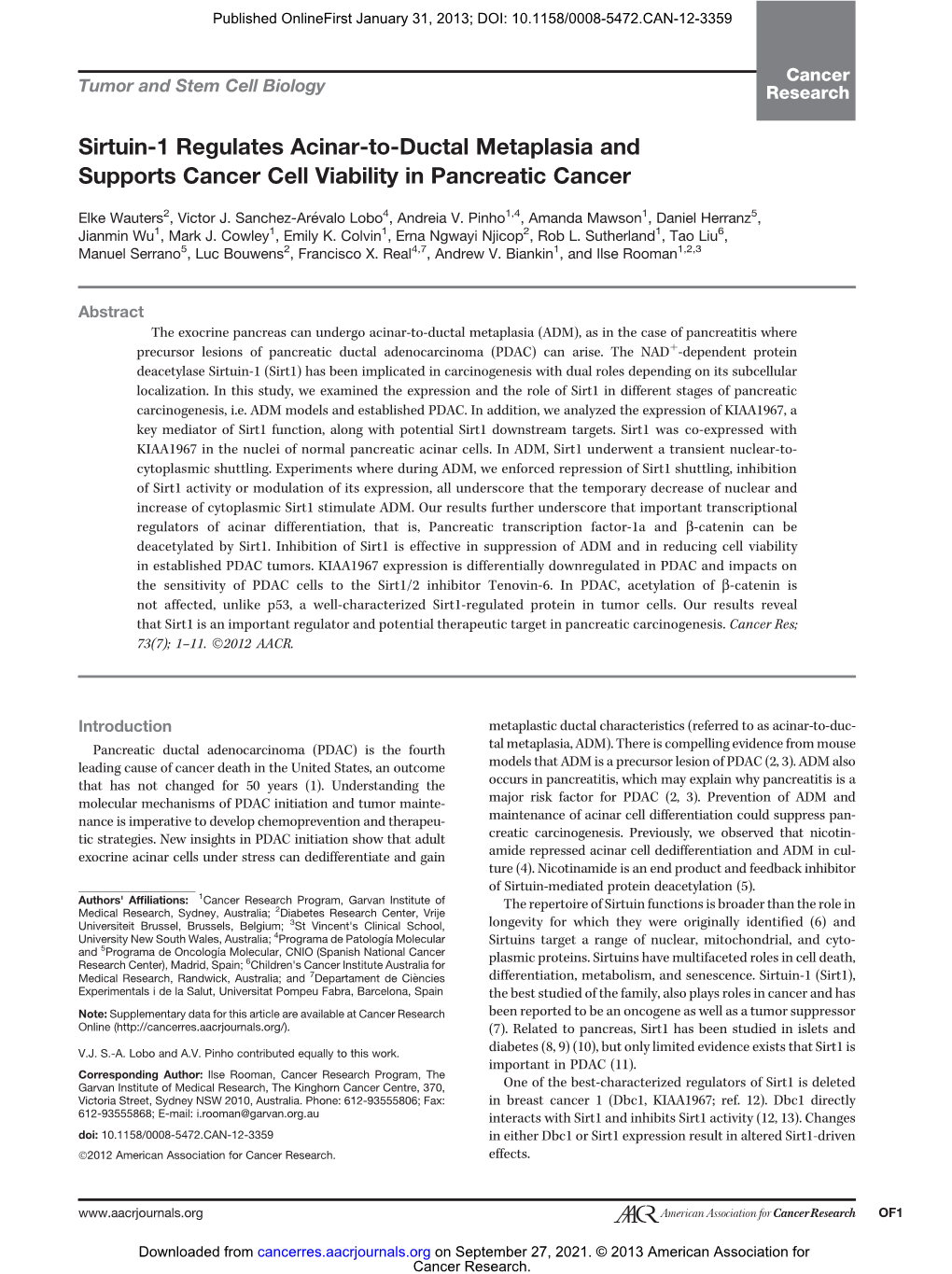 Sirtuin-1 Regulates Acinar-To-Ductal Metaplasia and Supports Cancer Cell Viability in Pancreatic Cancer