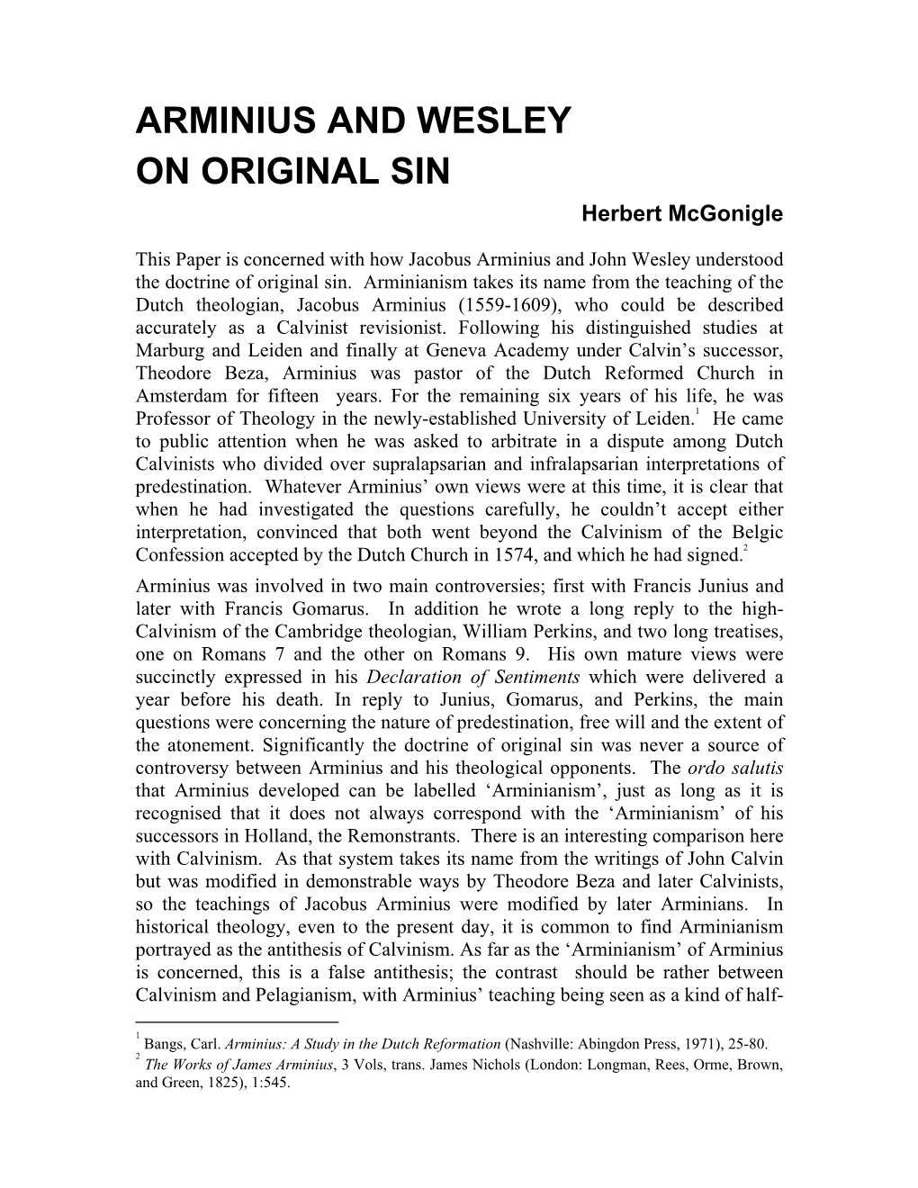 ARMINIUS and WESLEY on ORIGINAL SIN Herbert Mcgonigle