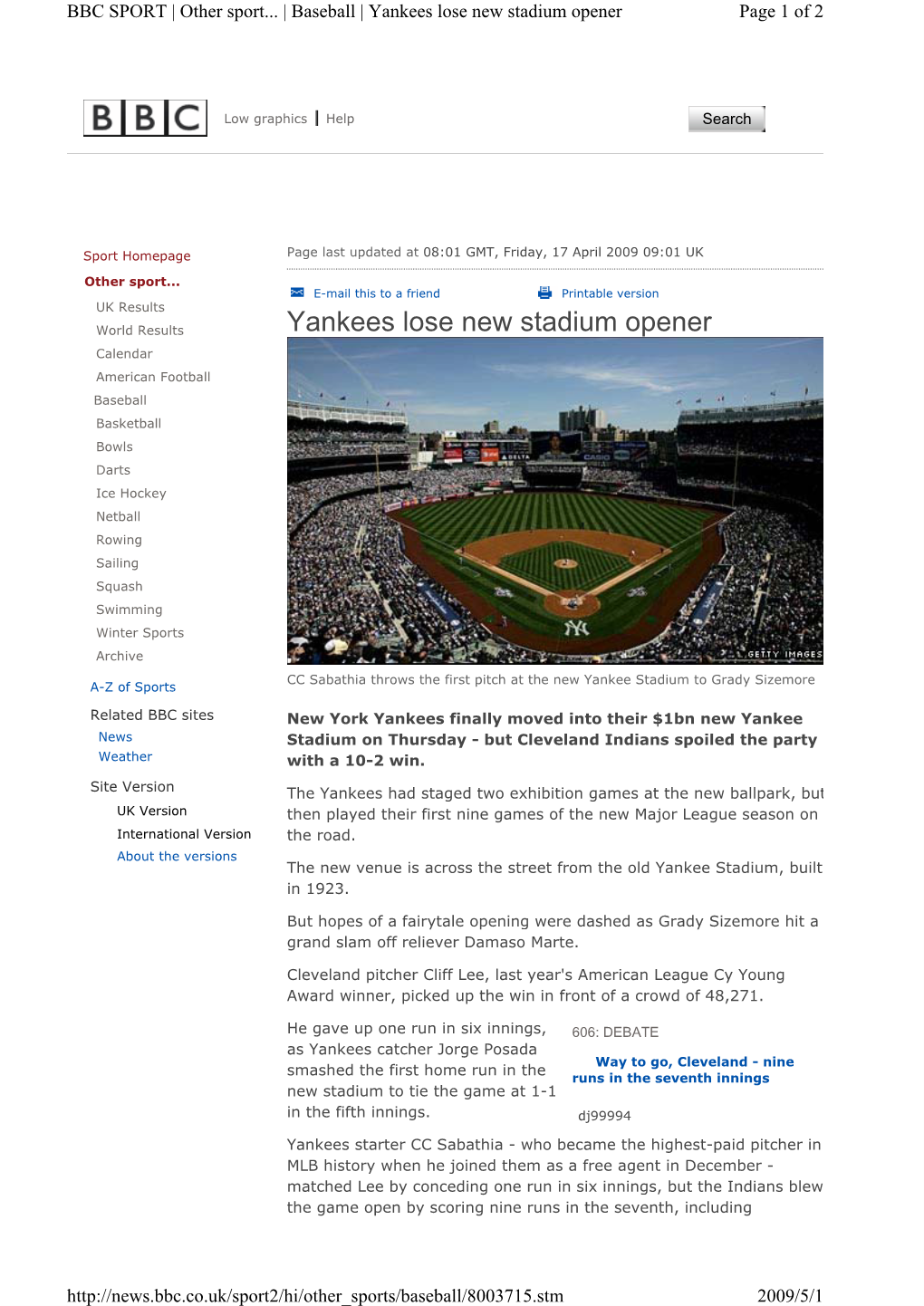 Yankees Lose New Stadium Opener Page 1 of 2