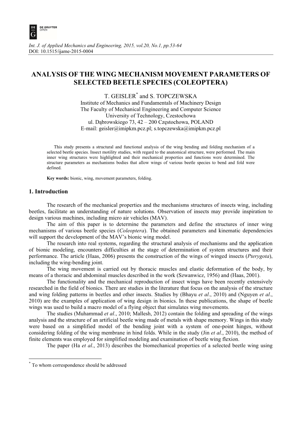 Analysis of the Wing Mechanism Movement Parameters of Selected Beetle Species (Coleoptera)