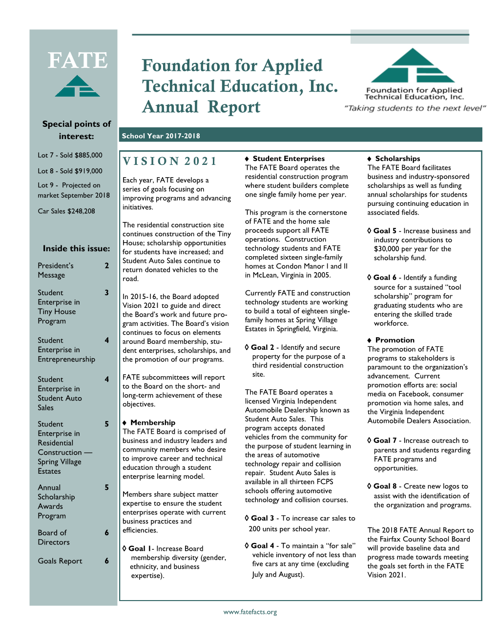 FATE Foundation for Applied Technical Education, Inc. Annual Report Special Points of Interest: School Year 2017-2018