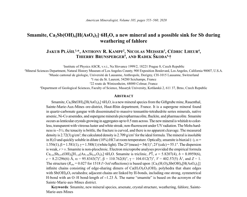 Smamite, Ca2sb(OH)4[H(Aso4)2]×6H2O, a New Mineral and A