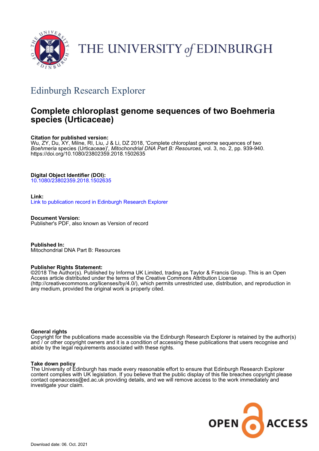 Complete Chloroplast Genome Sequences of Two Boehmeria Species (Urticaceae)