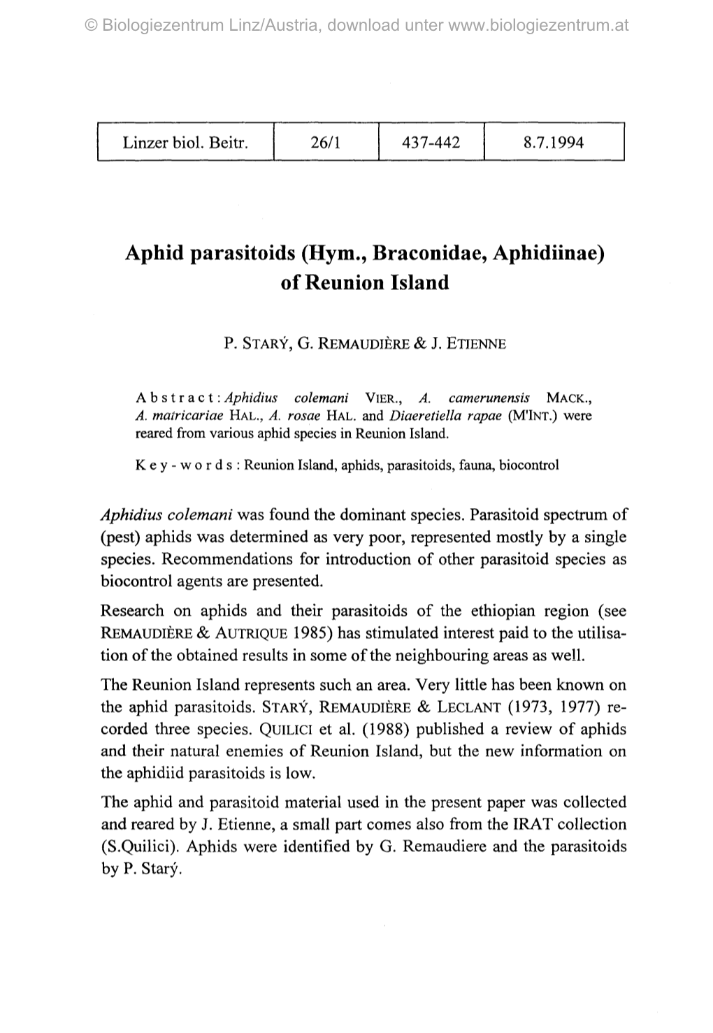 Aphid Parasitoids (Hym., Braconidae, Aphidiinae) of Reunion Island