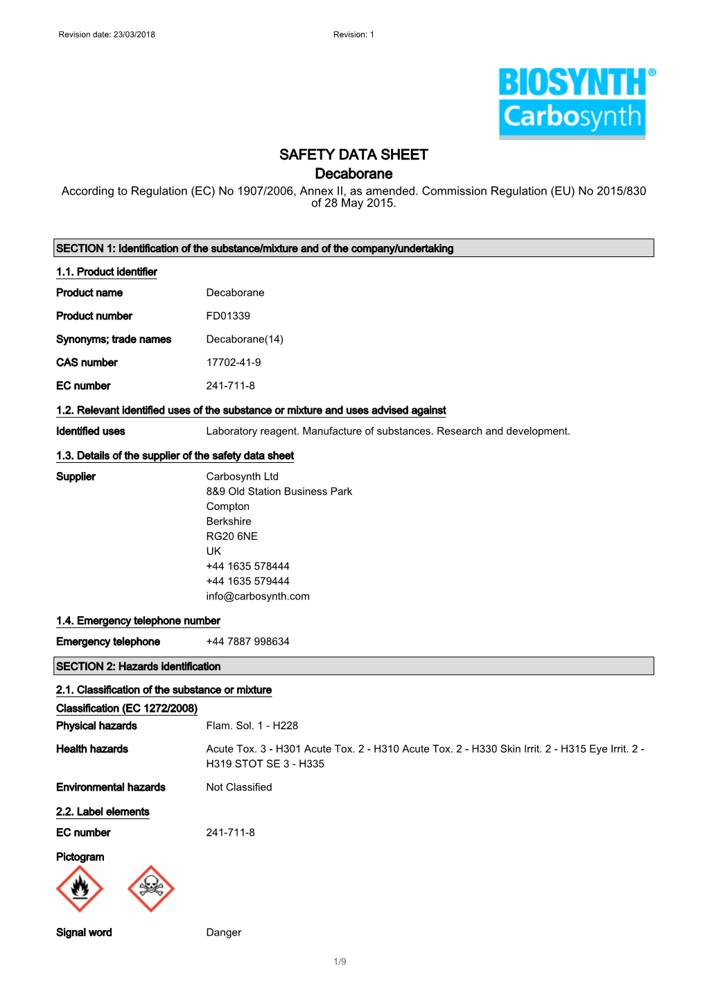 SAFETY DATA SHEET Decaborane According to Regulation (EC) No 1907/2006, Annex II, As Amended