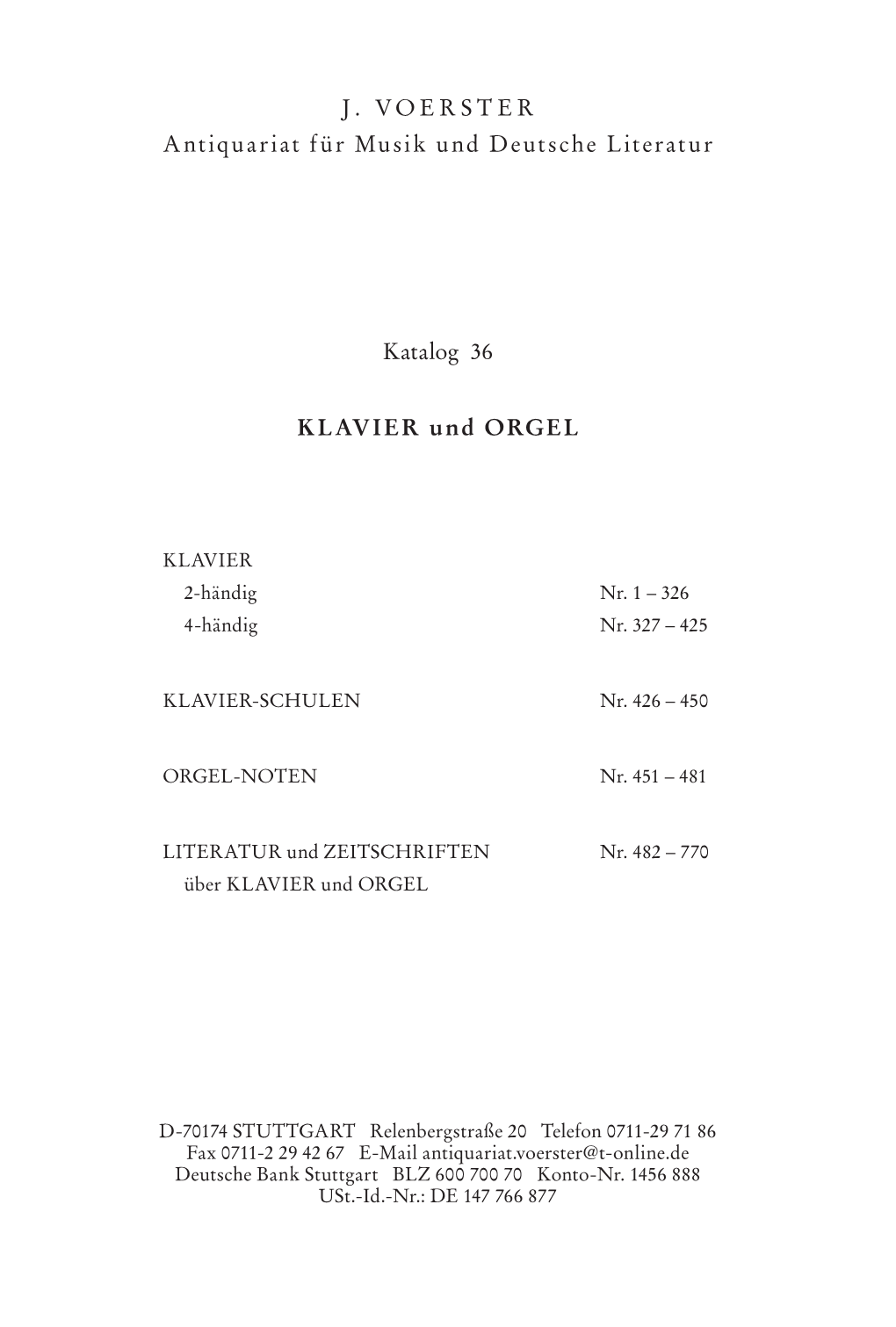 J. VOERSTER Antiquariat Für Musik Und Deutsche Literatur Katalog 36