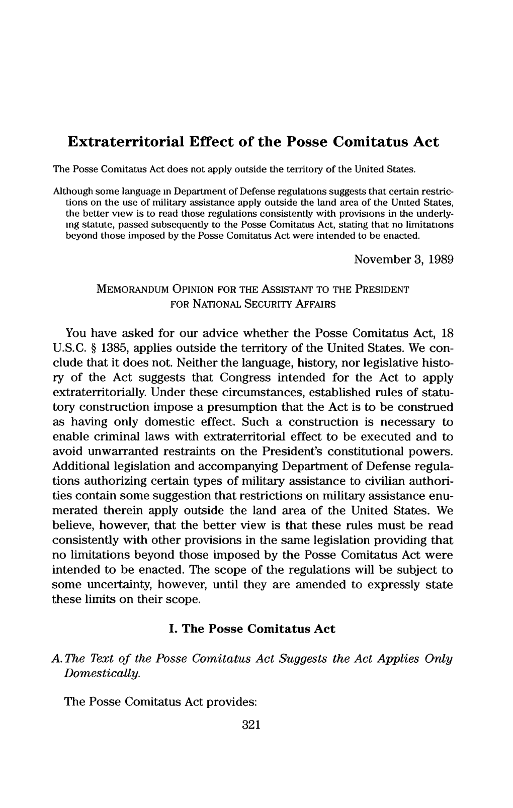Extraterritorial Effect of the Posse Comitatus Act