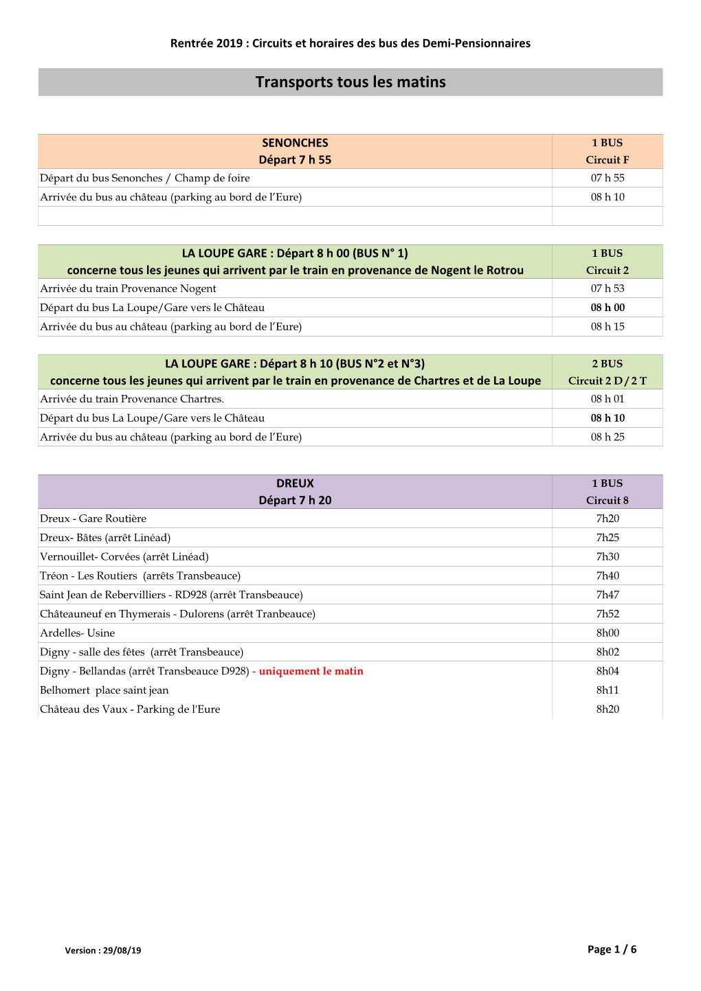 Circuits Et Horaires BUS DP 2019-2020