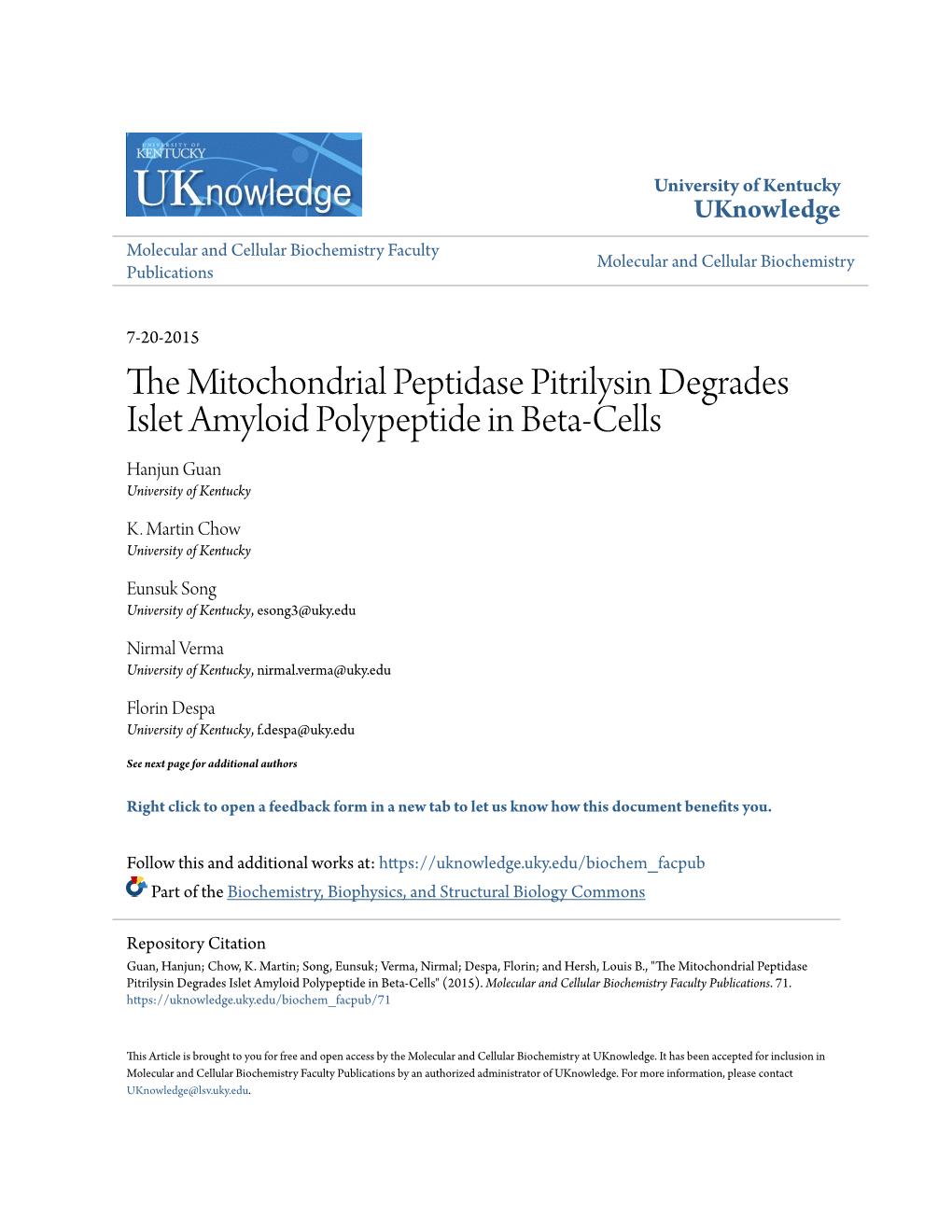 The Mitochondrial Peptidase Pitrilysin Degrades Islet Amyloid Polypeptide in Beta-Cells