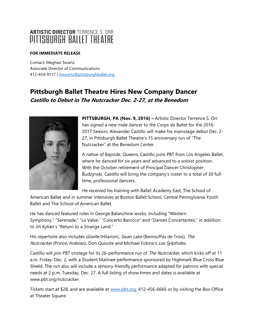 Pittsburgh Ballet Theatre Hires New Company Dancer Castillo to Debut in the Nutcracker Dec