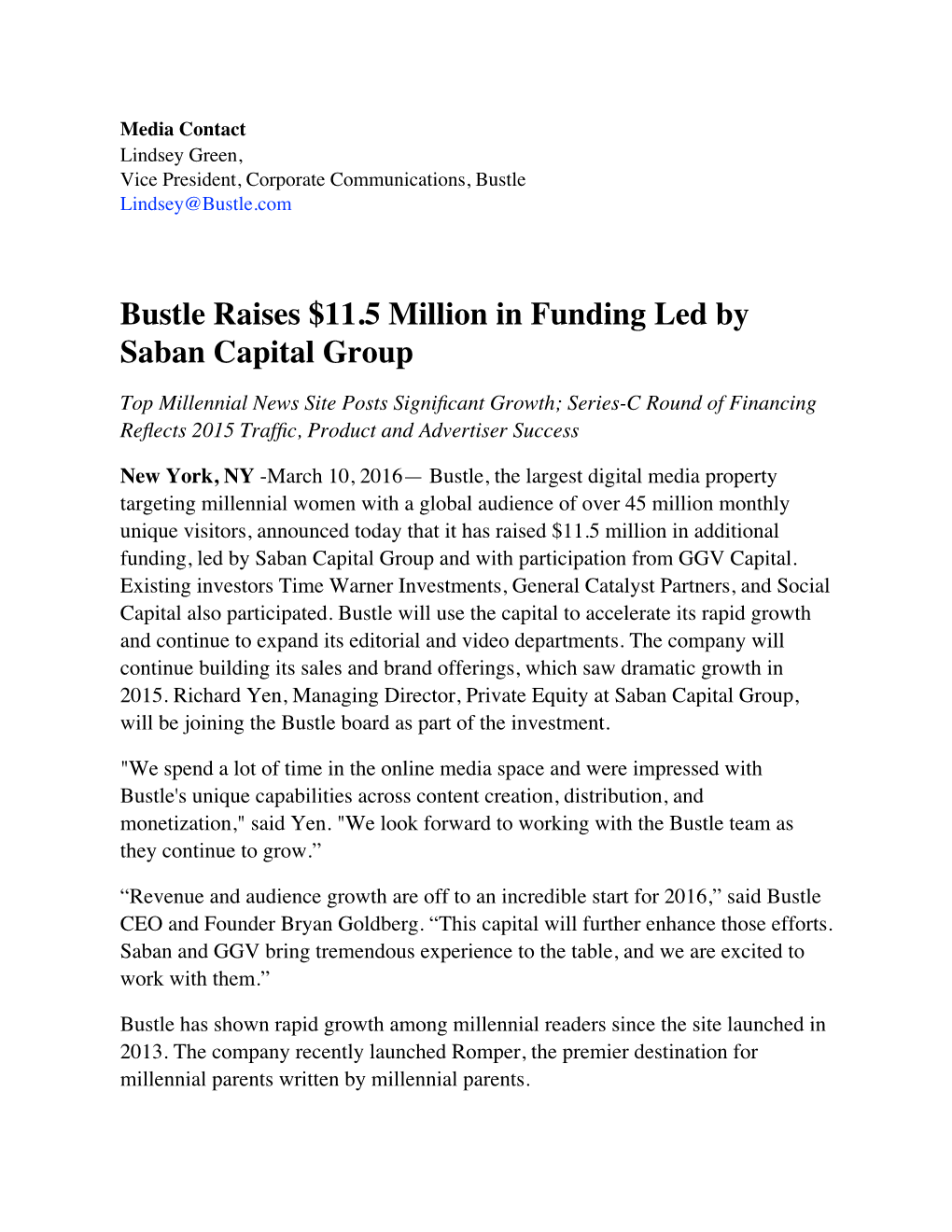 Bustle Raises $11.5 Million in Funding Led by Saban Capital Group