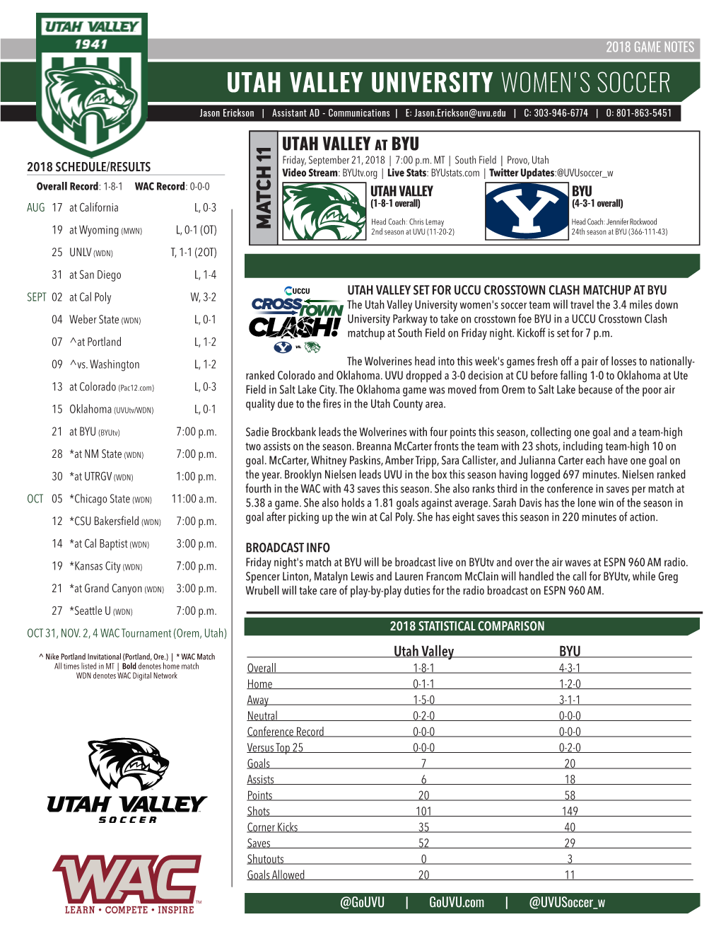 UTAH VALLEY UNIVERSITY WOMEN's SOCCER Jason Erickson | Assistant AD - Communications | E: Jason.Erickson@Uvu.Edu | C: 303-946-6774 | O: 801-863-5451