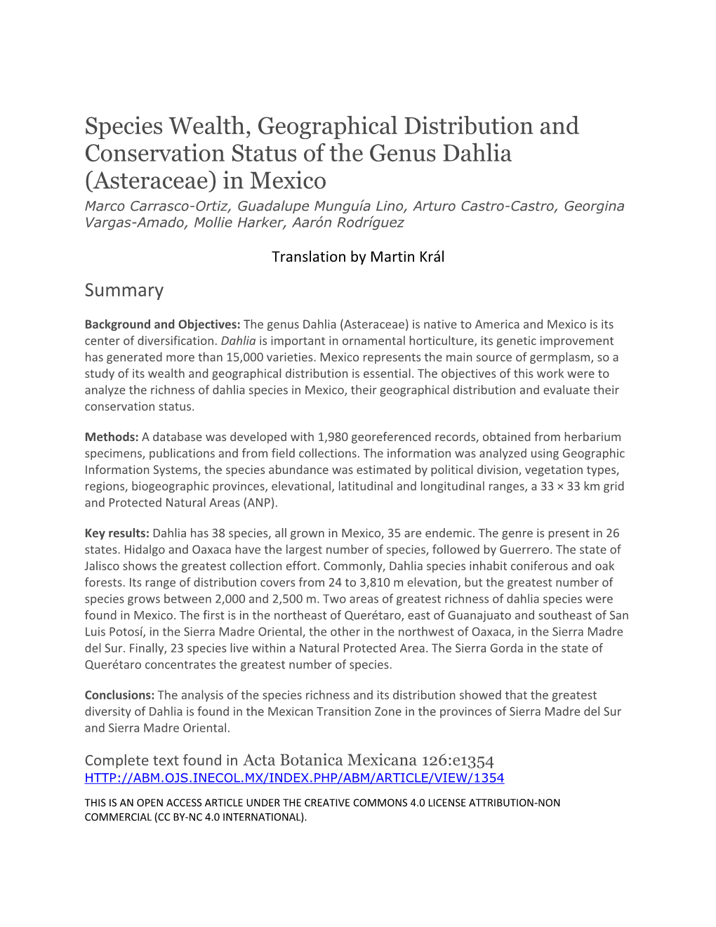 Species Wealth, Geographical Distribution and Conservation Status of the Genus Dahlia (Asteraceae) in Mexico