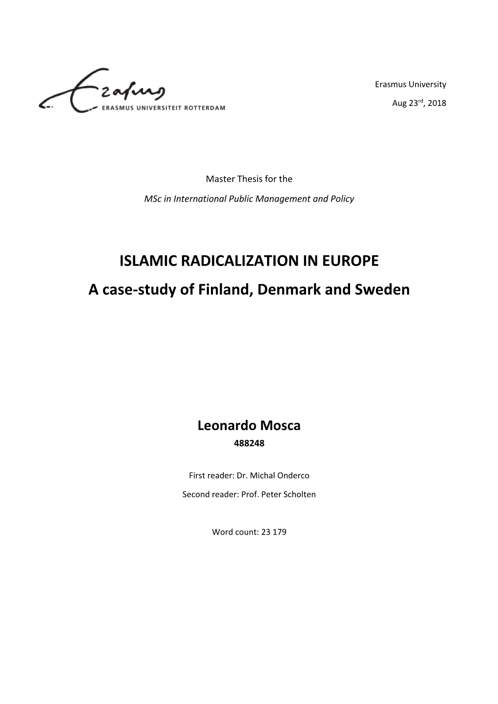 ISLAMIC RADICALIZATION in EUROPE a Case-Study of Finland, Denmark and Sweden