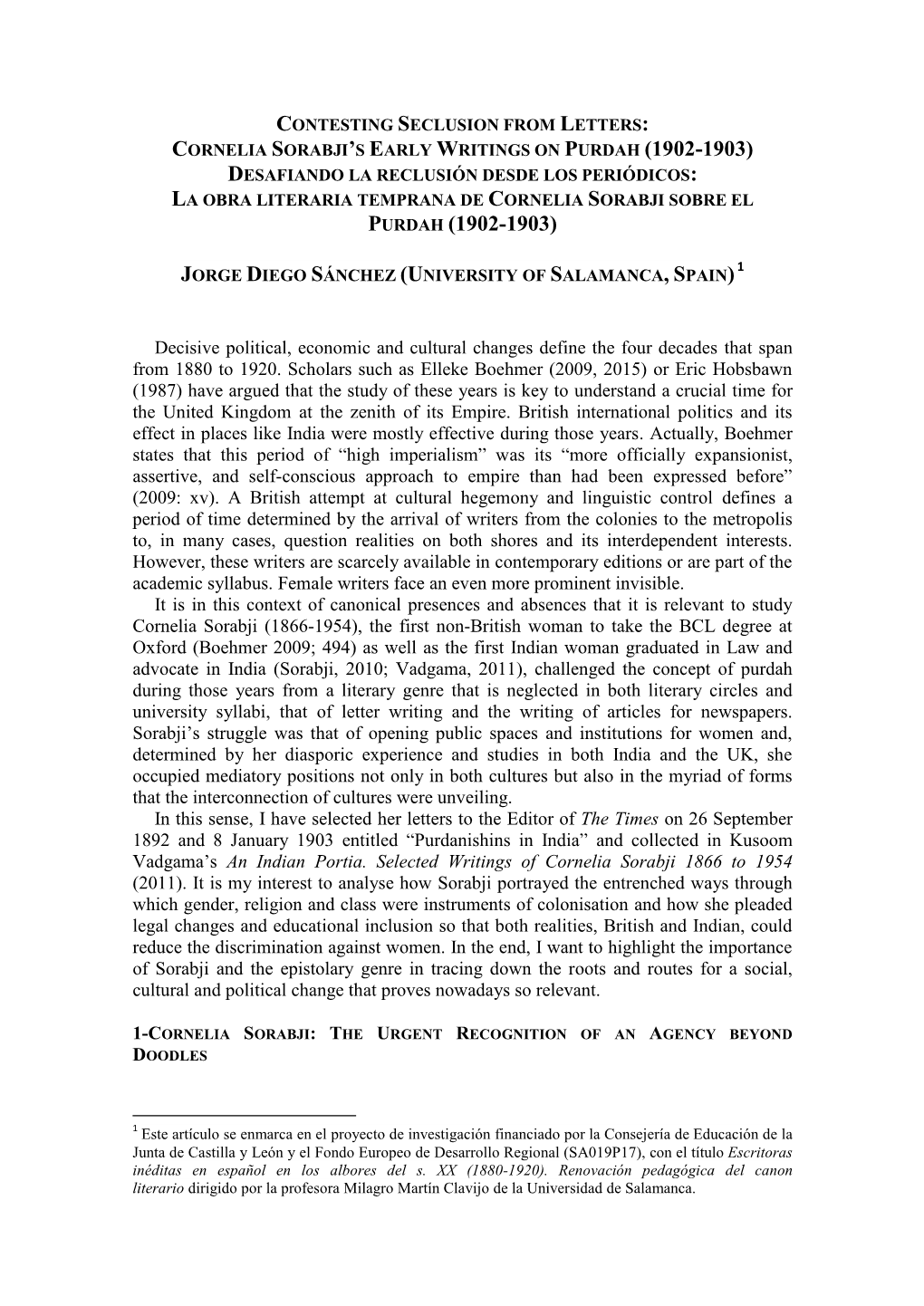 Purdah (1902-1903) Desafiando La Reclusión Desde Los Periódicos: La Obra Literaria Temprana De Cornelia Sorabji Sobre El Purdah (1902-1903)