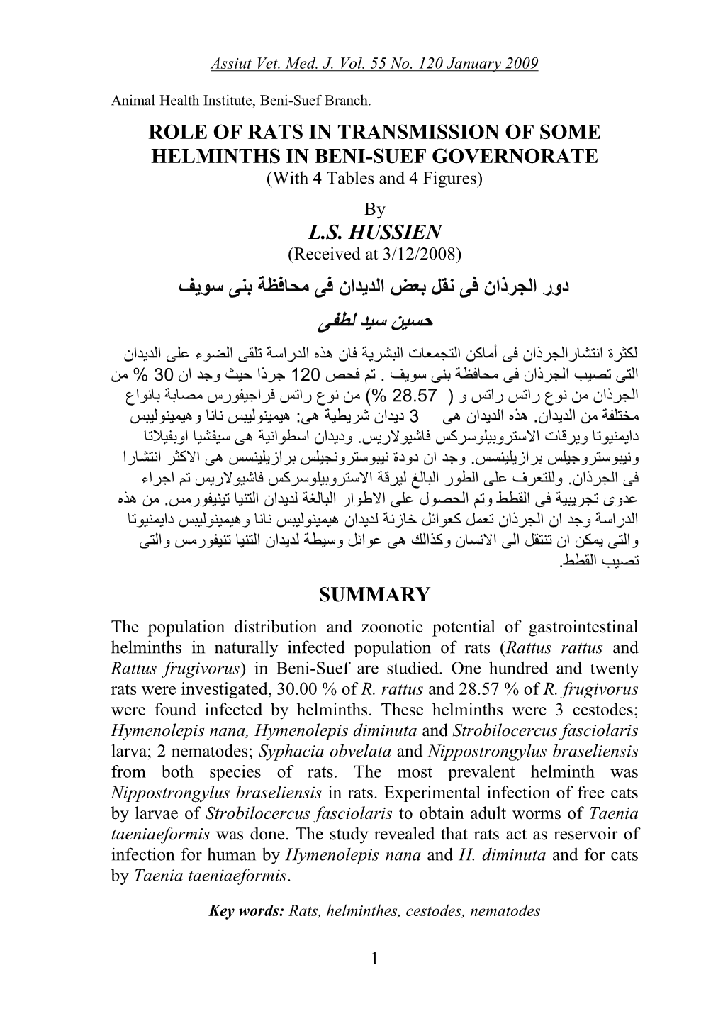 ROLE of RATS in TRANSMISSION of SOME HELMINTHS in BENI-SUEF GOVERNORATE (With 4 Tables and 4 Figures)