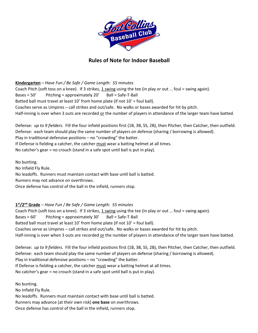 Rules of Note for Indoor Baseball