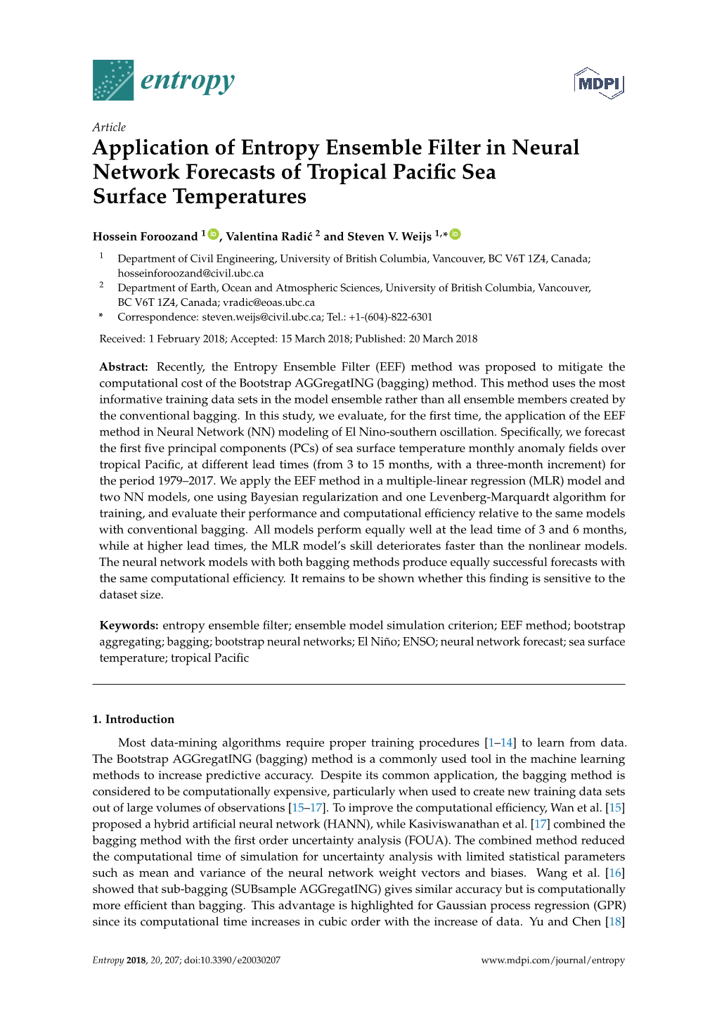 Application of Entropy Ensemble Filter in Neural Network Forecasts of Tropical Paciﬁc Sea Surface Temperatures