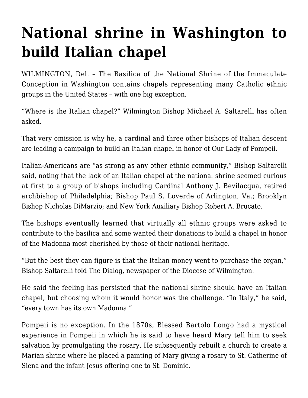 National Shrine in Washington to Build Italian Chapel