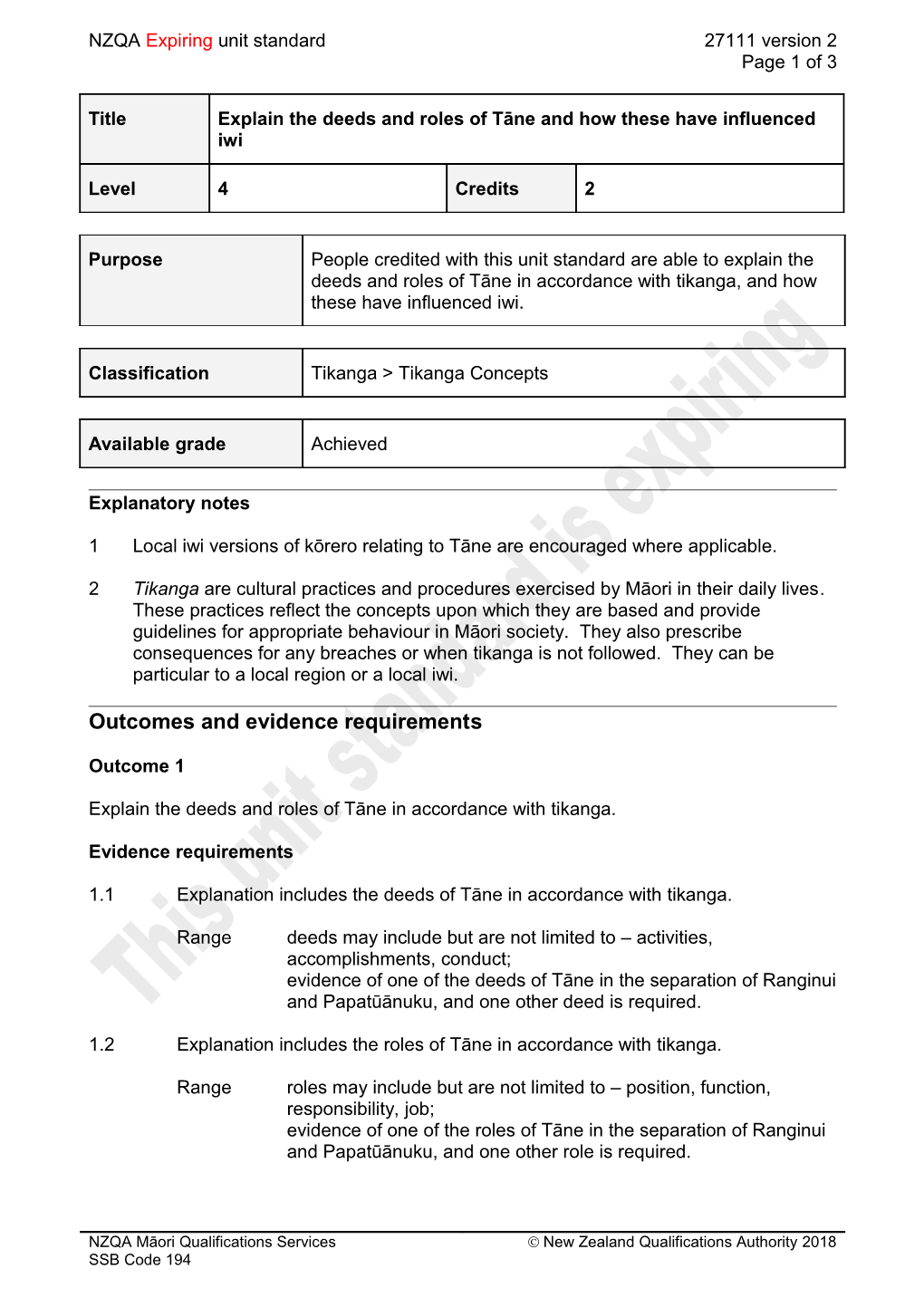 27111 Explain the Deeds and Roles of Tāne and How These Have Influenced Iwi