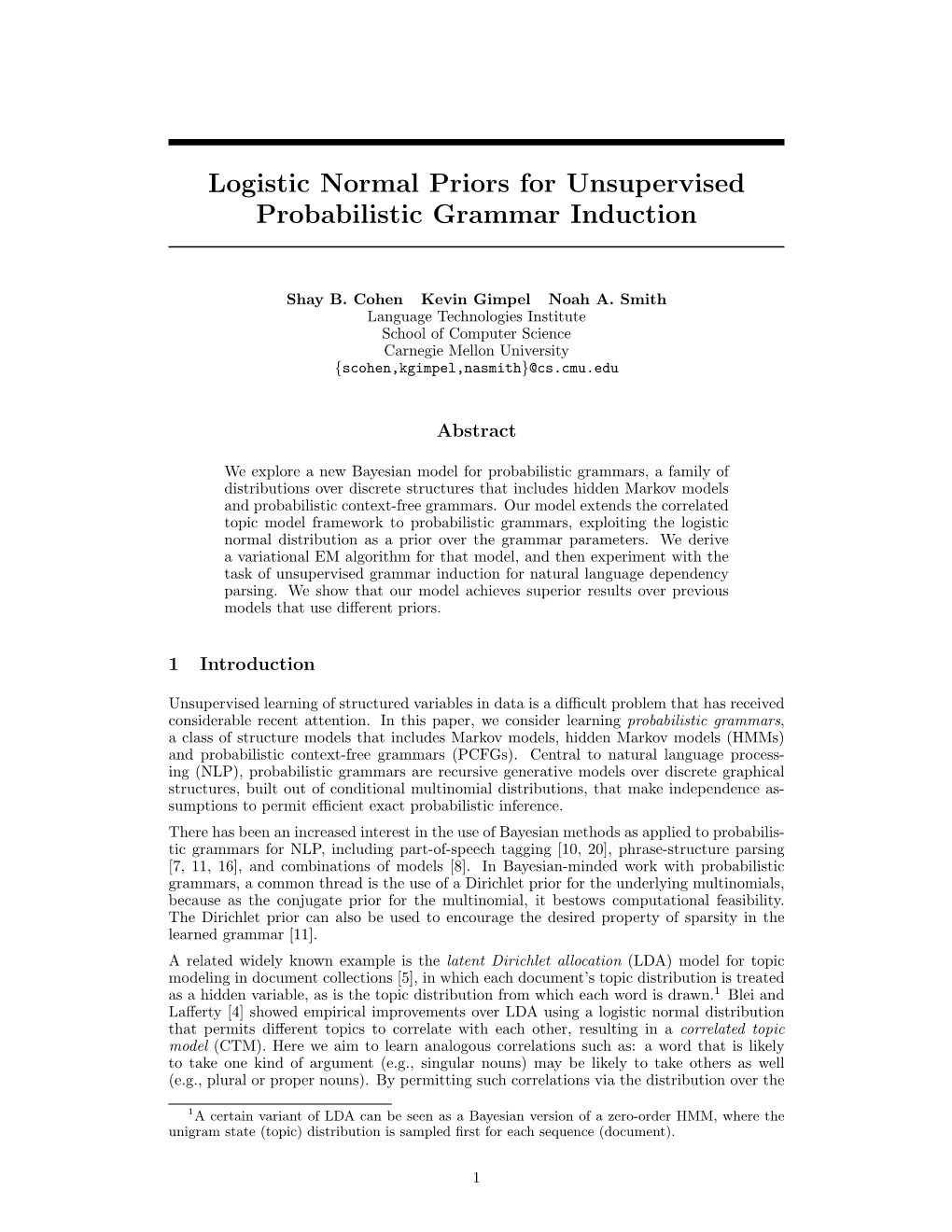 Logistic Normal Priors for Unsupervised Probabilistic Grammar Induction